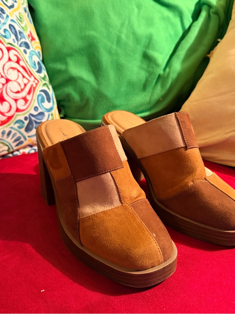 Universal Thread Patchwork Suede Mule Heels in Brown and Tan
